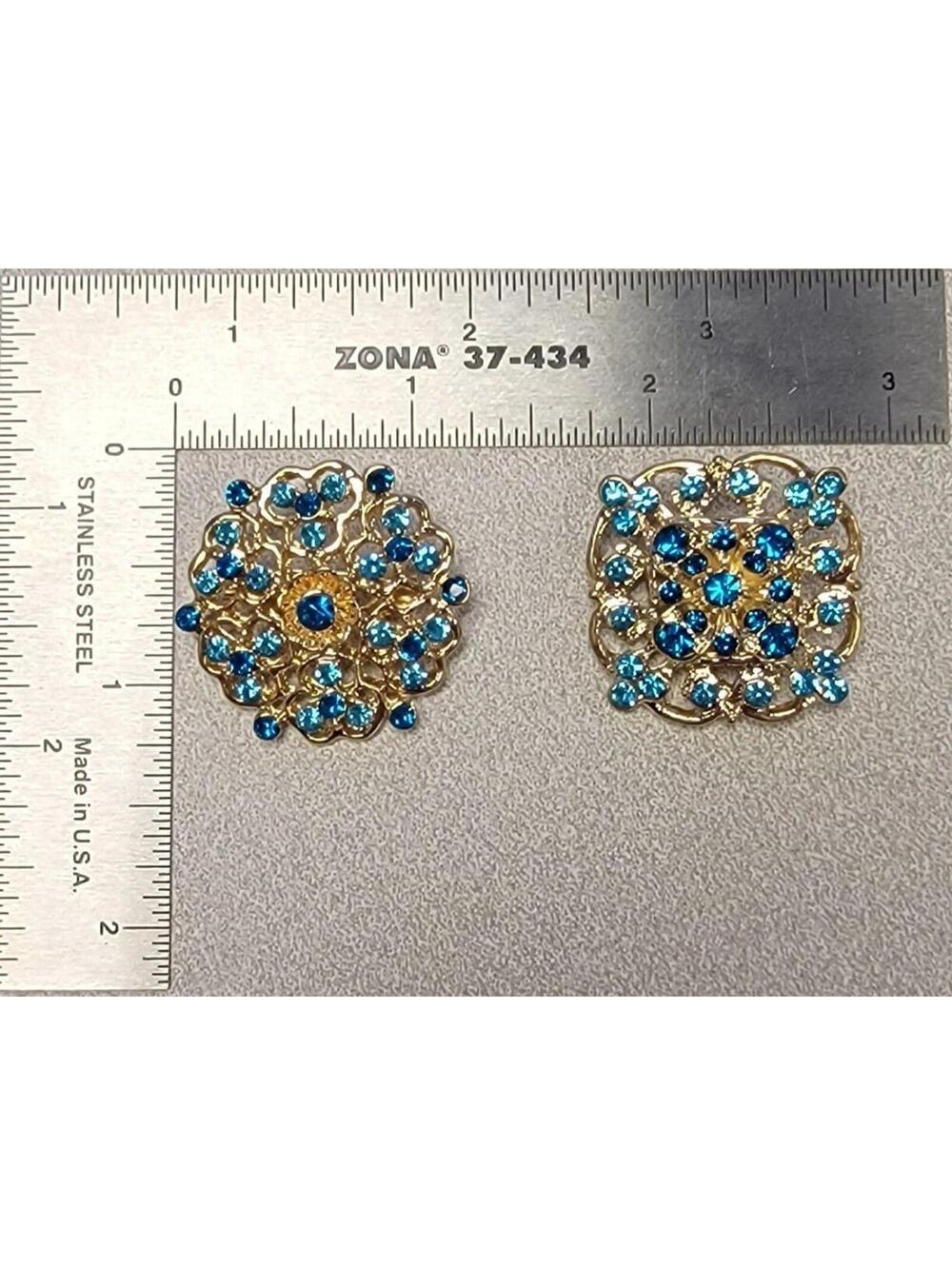 Blue Rhinestone Brooch Pins Lot of 2 Gold Tone Floral Costume Jewelry Gift